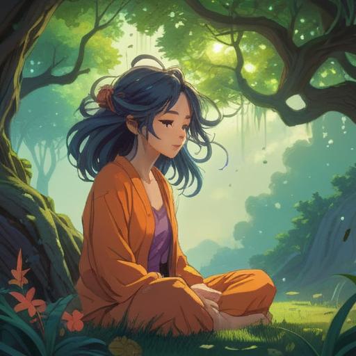 A serene and mystical illustration, hair strands flowing in the wind, ethereal glow, a person meditating under a tree, vibrant energy surrounding them, symbols of spiritual awareness, wisps of light representing signs, atmospheric sky, calm and peaceful demeanor, 4k