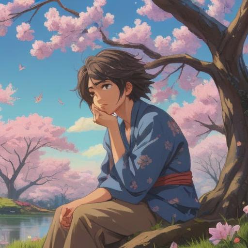 A serene and calming scene depicting a person sitting under a cherry blossom tree, gently combing their hair while reflecting on their thoughts, soft sunlight filtering through the branches, a journal with notes about self-care and mental health, blossoms falling around, tranquil atmosphere, harmonious colors, soothing and introspective, 4k