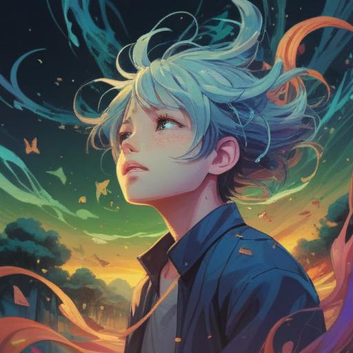 A surreal dreamscape depicting a person experiencing hair loss, ethereal light surrounding them, symbolic representations of transformation and renewal, serene atmosphere, vibrant colors blending with soft pastels, spiritual imagery such as feathers and blossoms, a sense of empowerment and enlightenment, intricate details reflecting emotional depth, 4k