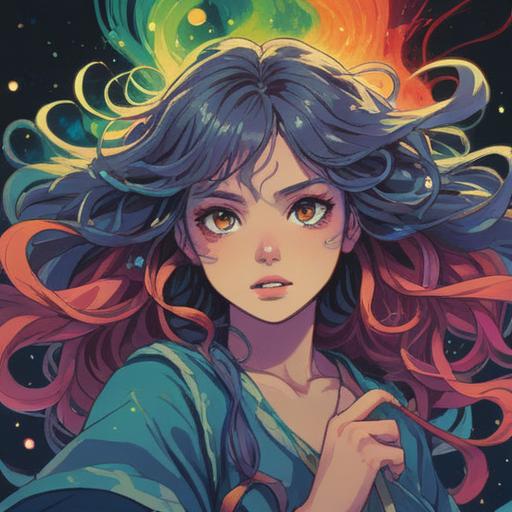 A captivating illustration showcasing flowing, wavy hair that symbolizes spiritual energy, ethereal aura surrounding the hair, vibrant colors representing emotions, serene expression on the character's face, mystical background with soft light, harmony between nature and spirit, reflective water surface, symbolic motifs integrated into the hair, enchanting atmosphere, 4k