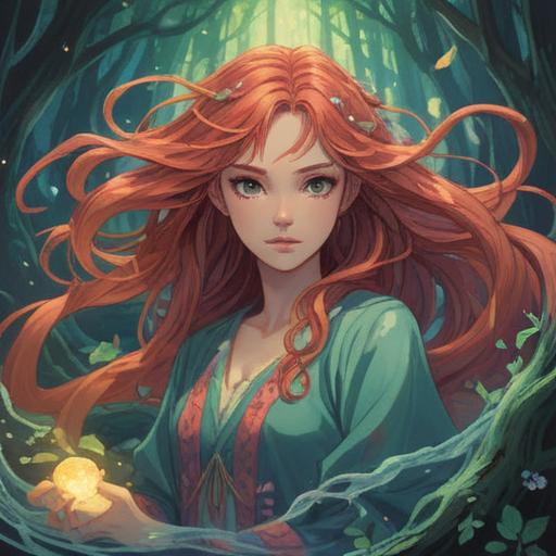 A captivating illustration of flowing hair, intricate waves concealing spiritual symbols, ethereal glow, mystical aura, serene expression, enchanting forest background, harmonious color scheme, elements of nature intertwined, 4k