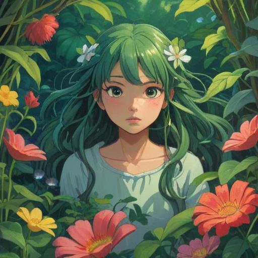 A whimsical illustration of a serene scene in a lush garden, vibrant green plants and flowers, a character gently arranging their wavy hair with lucky herbs, soft sunlight filtering through the leaves, tranquil and magical atmosphere, detailed botanical elements, 4k