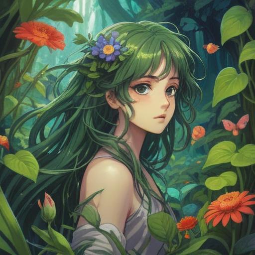 A serene botanical illustration, vibrant green herbs, focusing on their beauty-enhancing properties, delicate flowers, a woman with flowing healthy hair surrounded by lush plants, soft sunlight filtering through leaves, tranquil atmosphere, detailed textures, harmonious colors, 4k