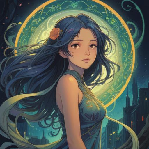 A spiritual illustration depicting the significance of a hair parting, ethereal atmosphere, symbolizing inner balance and harmony, intricate detailing of hair flowing gracefully, soft light illuminating the scene, representing duality and connection to the self, serene expression of the character, surrounded by mystical elements, 4k