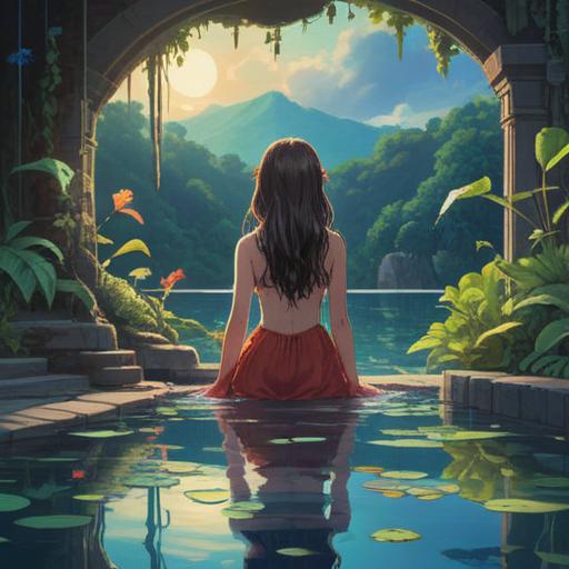 A spiritual and mystical scene featuring a person gazing at their reflection in a tranquil pool of water, hair parted symmetrically, ethereal glow surrounding them, symbols of good signs and energies subtly illustrated in the background, serene nature setting, gentle light filtering through trees, harmonious colors, calm and inviting atmosphere, 4k