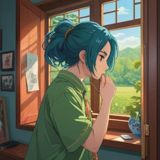 A charming illustration of a person adjusting their hairstyle in front of a mirror, bright sunlight streaming through a window, an assortment of lucky items like a four-leaf clover and a horseshoe on the vanity, a sense of tranquility and hope, detailed reflections in the mirror, warm colors, inviting atmosphere, 4k