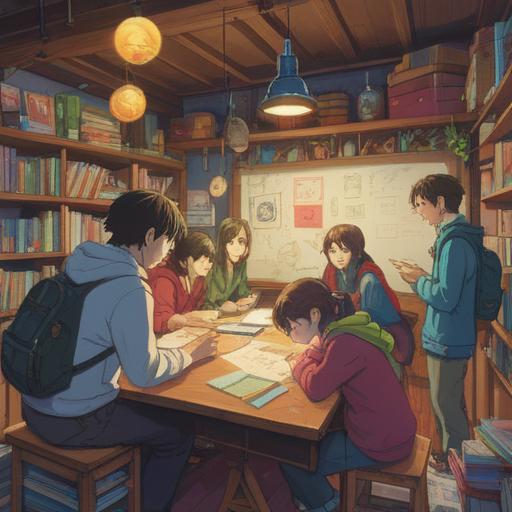 A serene scene depicting a diverse group of people collaborating, vibrant colors, clear communication, a large whiteboard filled with notes and diagrams, warm lighting creating a cozy atmosphere, focused expressions on each person's face, teamwork and unity, 4k