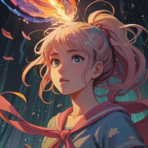 A spiritual scene depicting the moment a hair tie snaps, representing a positive life change, ethereal light illuminating the surroundings, vibrant energy flowing from the broken hair tie, nature elements like blooming flowers and birds, a feeling of release and freedom, uplifting atmosphere, harmonious color palette, serene expression on a character's face, 4k