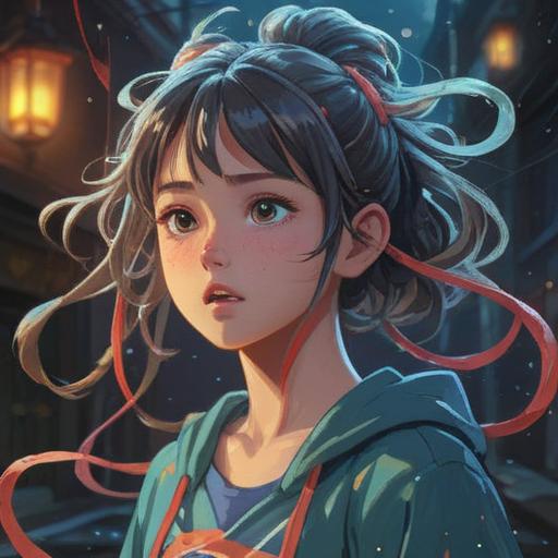 A vivid illustration depicting a spiritual scene, a person experiencing a hair tie breaking, ethereal aura surrounding them, symbolic imagery representing intuition and change, subtle hints of the universe’s messages, serene environment, calming colors, mystical elements, soft focus on expressions, insightful and reflective mood, 4k