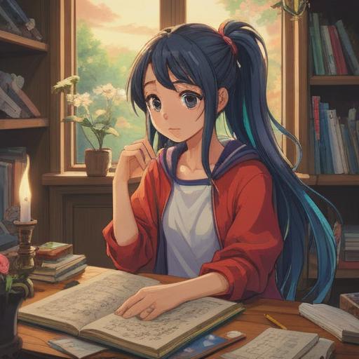 A calming illustration depicting a character finding creative ways to soothe themselves after their hair tie has snapped, serene expression, cozy indoor setting, soft natural light filtering through a window, scattered crafting supplies like ribbons and clips, a soothing cup of tea on the table, warm color palette, playful and comforting atmosphere, 4k