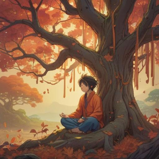 A serene and symbolic illustration, depicting a figure meditating under a large, ancient tree, strands of hair gently falling like autumn leaves, surrounded by a mystical aura, soft light filtering through the branches, representing transformation and renewal, a sense of inner peace, 4k