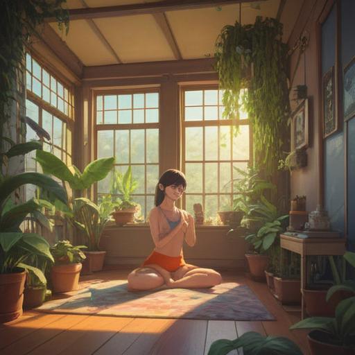 A serene morning routine scene, a woman practicing yoga in a sunlit room, surrounded by indoor plants, sipping herbal tea, a healthy breakfast on the table, the glow of sunlight enhancing her healthy hair, relaxation and mindfulness, vibrant colors, peaceful atmosphere, 4k