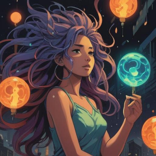 A mystical illustration of a woman with rapidly growing hair, embodying spiritual energy, surrounded by glowing orbs and vibrant colors, symbolizing growth and transformation, ethereal environment, intricate details in the hair flowing like a waterfall, gentle light illuminating the scene, serene expression, harmonious atmosphere, 4k