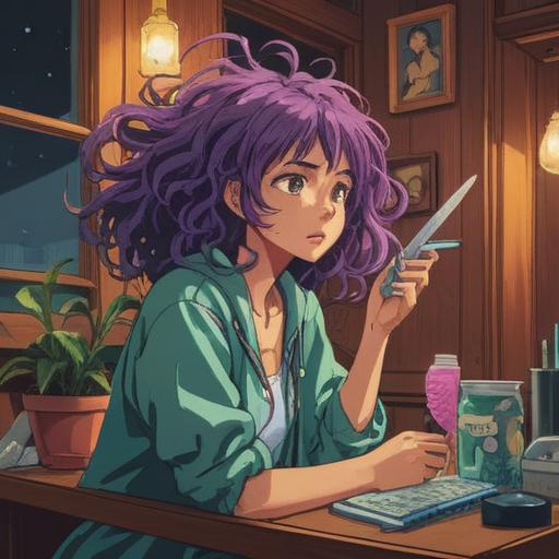 A thoughtful illustration of a person experiencing rapid hair growth, a pair of scissors resting on a vanity, expressions of surprise and contemplation, reflections of self-care and grooming in the background, vibrant colors, a cozy indoor setting, warm lighting, intimate atmosphere, 4k
