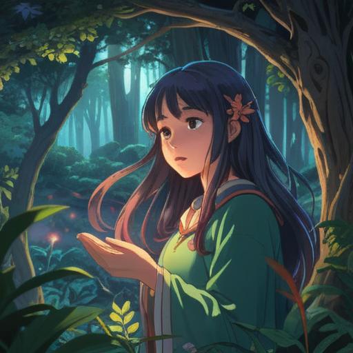 A serene and enchanting scene depicting a person with beautiful hair, surrounded by ethereal light, symbolizing spiritual energy, a tranquil forest setting with shimmering leaves, soft glowing orbs floating around, reflecting inner peace and harmony, nature's beauty, vibrant yet soothing colors, 4k