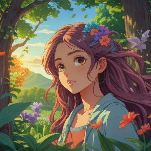 A person with beautiful hair radiating positive spiritual energy, surrounded by gentle light, nature backdrop with lush greenery and flowers, serene facial expression, ethereal ambiance, symbolic elements representing good signs, harmonious colors, 4k