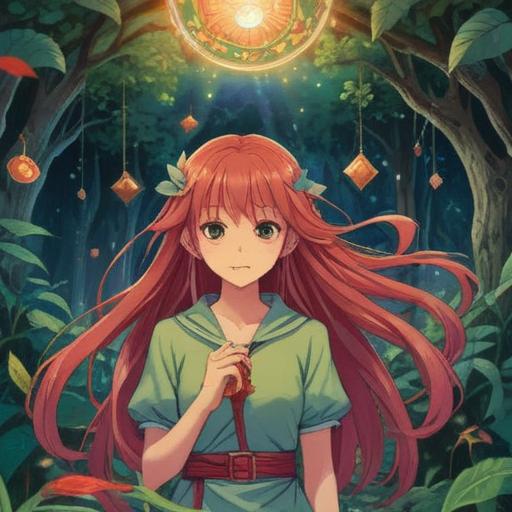 A person with beautiful hair, surrounded by symbols of good luck, vibrant colors, enchanting atmosphere, lush greenery, sparkling talismans, gentle sunlight filtering through leaves, expressing joy and positivity, 4k