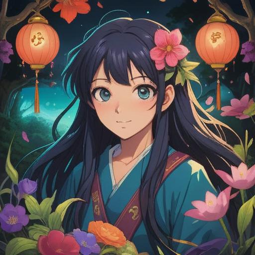 A captivating scene of a person with beautiful hair, surrounded by shimmering light symbols representing good fortune, enchanting nature backdrop with vibrant flowers and lush greenery, an air of mystique, serene expression, softly flowing hair, subtle magical aura, harmonious blend of colors, ethereal atmosphere, inspirational and uplifting vibe, 4k