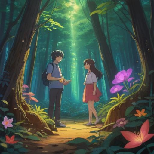 A serene moment in a peaceful forest, two individuals unexpectedly encountering each other, subtle spiritual symbols in the surroundings, a gentle light illuminating their faces, a sense of awareness and connection, nature's tranquility, soft whispers of the wind, meaningful expressions, 4k