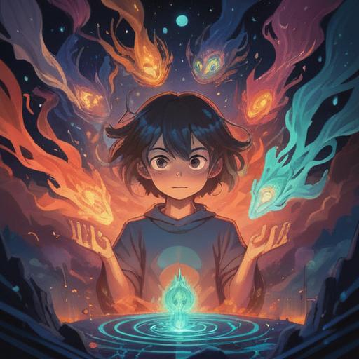 A mystical illustration depicting a person surrounded by a glowing aura, multiple faces representing different emotions, symbolic signs of imbalance like scales and mirrors, nature elements like flowing water and trees, vibrant colors illustrating energy flow, ethereal background with stars and cosmos, conveying caution and awareness, 4k