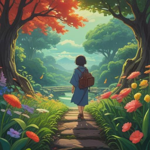 A serene landscape depicting a person standing at a crossroads, surrounded by lush greenery and blooming flowers, looking contemplative and open to new experiences, gentle sunlight filtering through the trees, symbolizing self-discovery and personal growth, inviting path leading into the distance, 4k