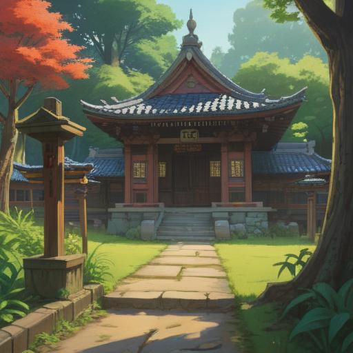 A serene and mystical illustration of Yahiro Shrine, surrounded by lush greenery, soft sunlight filtering through trees, traditional wooden architecture, sacred vibes, spiritual atmosphere, worshippers paying respects, tranquil pond reflecting nature, detailed stone pathways, essence of ancient beliefs, 4k