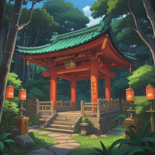 Spiritual signs of good fortune brought by Yaotomi Shrine, serene atmosphere, lush greenery surrounding the shrine, visitors engaging in rituals, vibrant offerings, sunlight filtering through trees, traditional torii gate, calming pond reflecting nature, peaceful energy, harmonious connection with nature, 4k