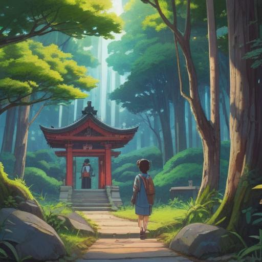 A serene depiction of Yaotomi Shrine, visitors observing spiritual signs, ethereal light filtering through trees, sacred atmosphere, respectful behavior, symbolic offerings, vibrant nature surrounding the shrine, tranquil pathways, moment of reflection, deep connection to spirituality, 4k
