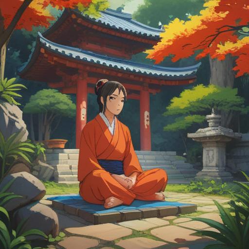 A serene illustration depicting a visit to Yaotomi Shrine, featuring a person meditating in a peaceful garden, traditional Japanese architecture in the background, the sunlight filtering through cherry blossom trees, symbols of good fortune scattered around, a sense of tranquility and spirituality, 4k