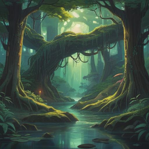 A mystical landscape of Yame, deep green forests, ancient trees with roots entwined, serene river flowing, shrouded in mist, ethereal light breaking through the canopy, symbols of spirituality embedded in nature, tranquil atmosphere, harmony with nature, 4k