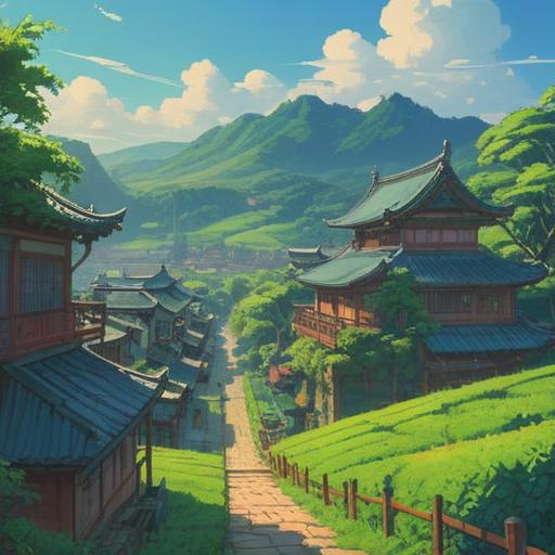 A serene depiction of Yame city, lush green tea fields under a clear blue sky, mystical symbols hovering in the air, gentle sunlight filtering through the trees, tranquil atmosphere, a figure meditating, surrounded by nature's beauty, spiritual signs represented with glowing orbs, 4k