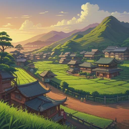 A scenic illustration of Yame city during a tranquil morning, showcasing traditional Japanese culture, a beautiful tea plantation with lush green fields, a lucky charm in the foreground, intricate details of local architecture, vibrant flowers, serene atmosphere, soft sunlight filtering through the trees, capturing the essence of good fortune, 4k