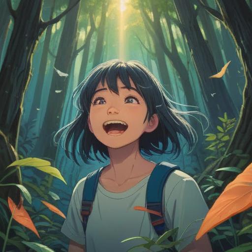 A mystical illustration of a girl with prominent yaeba teeth, surrounded by a serene forest, symbolizing spiritual transformation, ethereal light filtering through the trees, soft glowing orbs representing energies, harmonious colors blending together, dreamlike atmosphere, detailed facial expression conveying wisdom, 4k