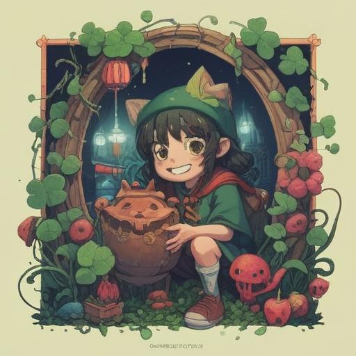 A charming illustration featuring a character with distinctive snaggletooth, surrounded by various lucky items, such as a four-leaf clover, a horseshoe, and a lucky cat, vibrant colors, playful atmosphere, detailed background depicting a serene park, whimsical character design, 4k