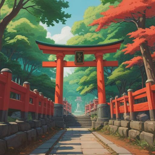 A serene and tranquil scene at Yaegaki Shrine, adorned with vibrant red torii gates, surrounded by lush green trees and soft sunlight filtering through the leaves, sacred atmosphere, a gentle breeze, a peaceful pond reflecting the sky, traditional Shinto elements, spiritual significance, inviting path leading to the shrine, harmonious balance between nature and spirituality, 4k