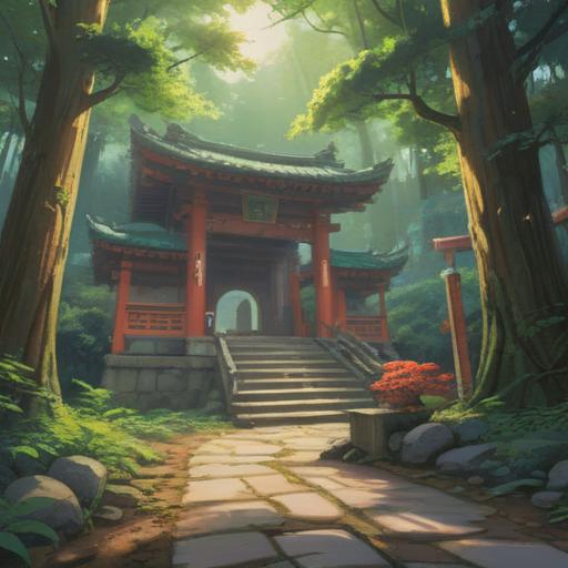A serene illustration of Yaegaki Shrine, mystical atmosphere, surrounded by lush greenery, soft rays of sunlight filtering through trees, a tranquil pond reflecting the shrine, visitors experiencing a spiritual awakening, traditional Japanese architecture, harmonious blend of nature and spirituality, 4k