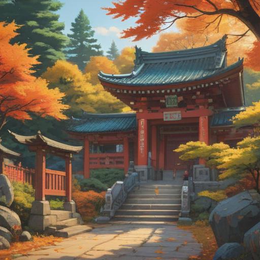 A serene illustration of Yaegaki Shrine, vibrant autumn foliage, visitors observing spiritual signs, soft sunlight filtering through trees, traditional wooden architecture, peaceful atmosphere, mystical aura, detailed shrine decorations, 4k