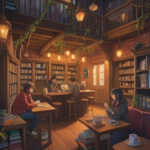 A scene depicting a cozy coffee shop, various people engaging in conversations, a large table with books and notebooks scattered, warm lighting creating an inviting atmosphere, framed pictures on the walls, plants adding a touch of nature, a barista preparing drinks in the background, casual yet focused expressions on the faces, 4k