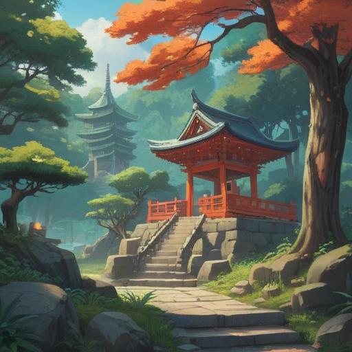 A serene landscape featuring Hakkaisansen Shrine, mystical atmosphere, lush greenery surrounding the shrine, ancient trees, gentle mist hovering above, peaceful energy radiating from the sacred space, traditional Japanese architecture, intricate details on shrine ornaments, calm water reflecting the sky, spiritual symbolism, tranquil ambiance, 4k