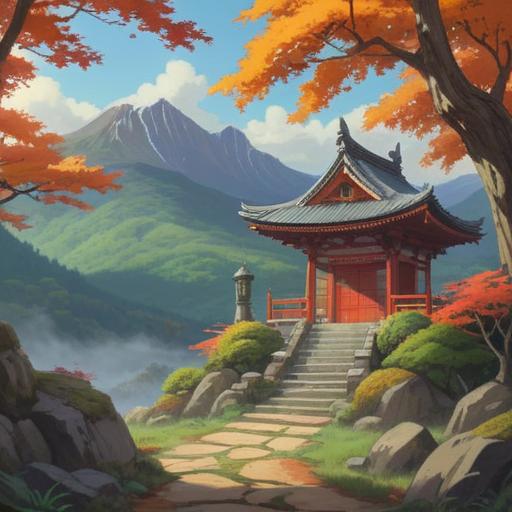A serene shrine scene featuring Hakkai Mountain Shrine, surrounded by lush greenery and misty mountains, vibrant autumn leaves, people meditating peacefully, gentle rays of sunlight filtering through trees, spiritual symbols and offerings visible, calm and uplifting atmosphere, harmonious energy, 4k