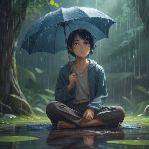 A serene scene depicting spiritual growth through adversity, a person meditating under a gentle rain, receiving enlightenment, ethereal light emanating from the surroundings, symbols of positivity emerging from the turmoil, nature in harmony, tranquil atmosphere, intricate details, 4k