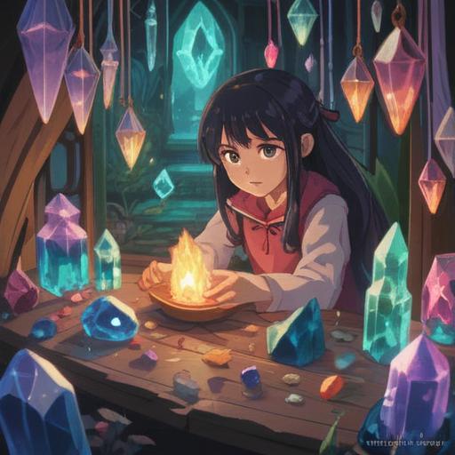 A serene scene depicting the power of crystals bringing gentle moments to the heart, soft glow emanating from various crystals, a tranquil setting with nature in the background, soothing colors blending harmoniously, people meditating peacefully, rays of light cascading around them, reflecting a feeling of calm and inner peace, high resolution