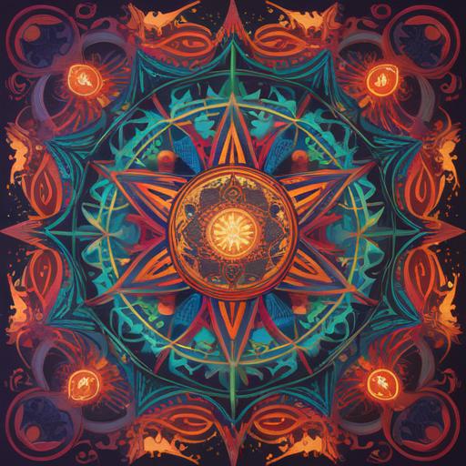 A mystical and spiritual depiction of the octagram symbol, surrounded by ethereal light, intricate mandala patterns in the background, vibrant colors representing energy and balance, celestial elements like stars and moons, a sense of harmony and connection to the universe, detailed textures reflecting ancient wisdom, 4k