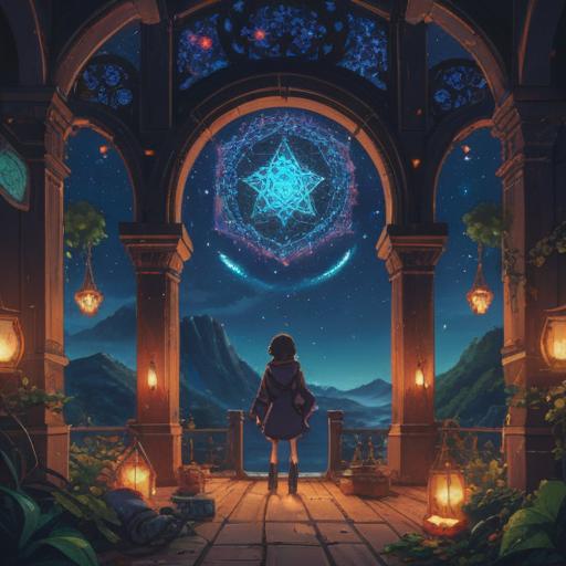 A mystical scene featuring an octagram glowing in the night sky, surrounded by swirling cosmic lights, individuals gazing with awe, ethereal symbols floating in the air, a serene atmosphere, vibrant colors illuminating the dark backdrop, representing spiritual signs, connection to higher realms, 4k