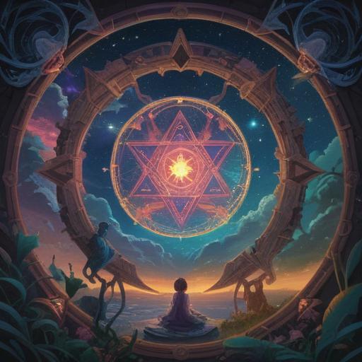 A mystical scene depicting the octagram symbol, vibrant colors, celestial elements surrounding the star, ethereal atmosphere, serene setting, individuals meditating, radiant energy flowing, symbols of fortune and positivity, harmonious design, 4k