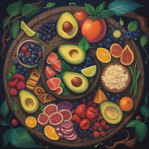 A colorful and vibrant illustration of a variety of lucky foods known for improving skin health, fresh fruits like avocados and blueberries, vegetables such as carrots and spinach, a beautiful bowl of mixed nuts, a serene kitchen setting, bright natural light, a wholesome atmosphere, enticing presentation, 4k