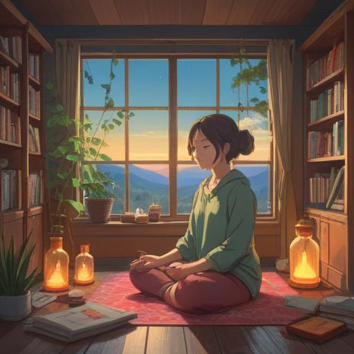 A soothing illustration depicting self-care for skin issues, a serene setting with a person meditating in a cozy, sunlit room, gentle colors, elements of nature such as plants and soft pillows, a sense of peace and tranquility, warm and inviting atmosphere, emphasis on emotional healing, calming details, high-resolution, 4k