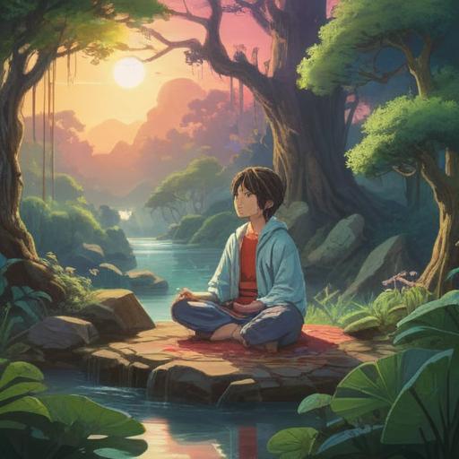 A serene illustration of a person meditating in a tranquil nature setting, surrounded by gentle light and ethereal aura, symbolizing purity and inner beauty, vibrant flora, peaceful expression, harmonious colors, sense of calm and rejuvenation, 4k
