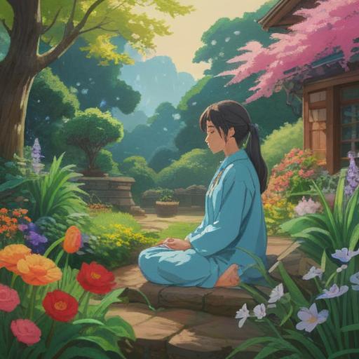 A serene and uplifting scene, radiant skin glowing in soft light, a figure meditating in a tranquil garden, surrounded by blooming flowers and gentle streams, mystical aura reflecting spiritual transformation, vibrant colors representing positivity and healing, 4k