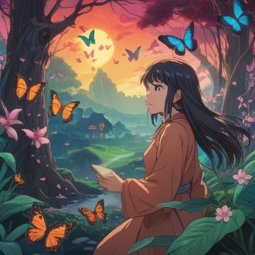 A serene scene depicting the journey of skin rejuvenation, symbols of spiritual signs such as butterflies and blooming flowers in the background, a tranquil woman surrounded by soft light, reflections of positive energy and balance, lush greenery representing growth, gentle water flowing symbolizing purification, harmonious colors conveying a sense of peace, mindfulness and self-care illustrated, calming atmosphere, 4k